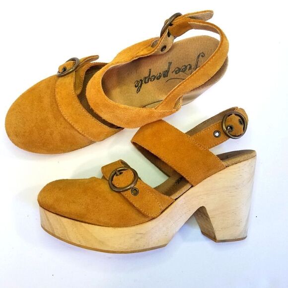 Free People Suede Park Circle Platform Buckle Round Toe Chunky Wood Clogs in Tan - Picture 7 of 16